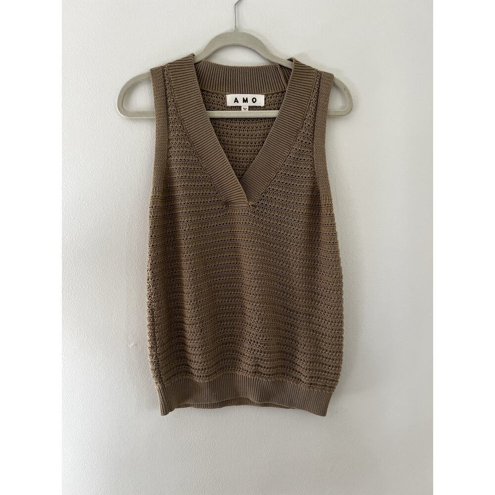 AMO Jean Open Knit Jerry Sweater Vest Tan Brown Size XS Pima Cotton - Picture 2 of 7